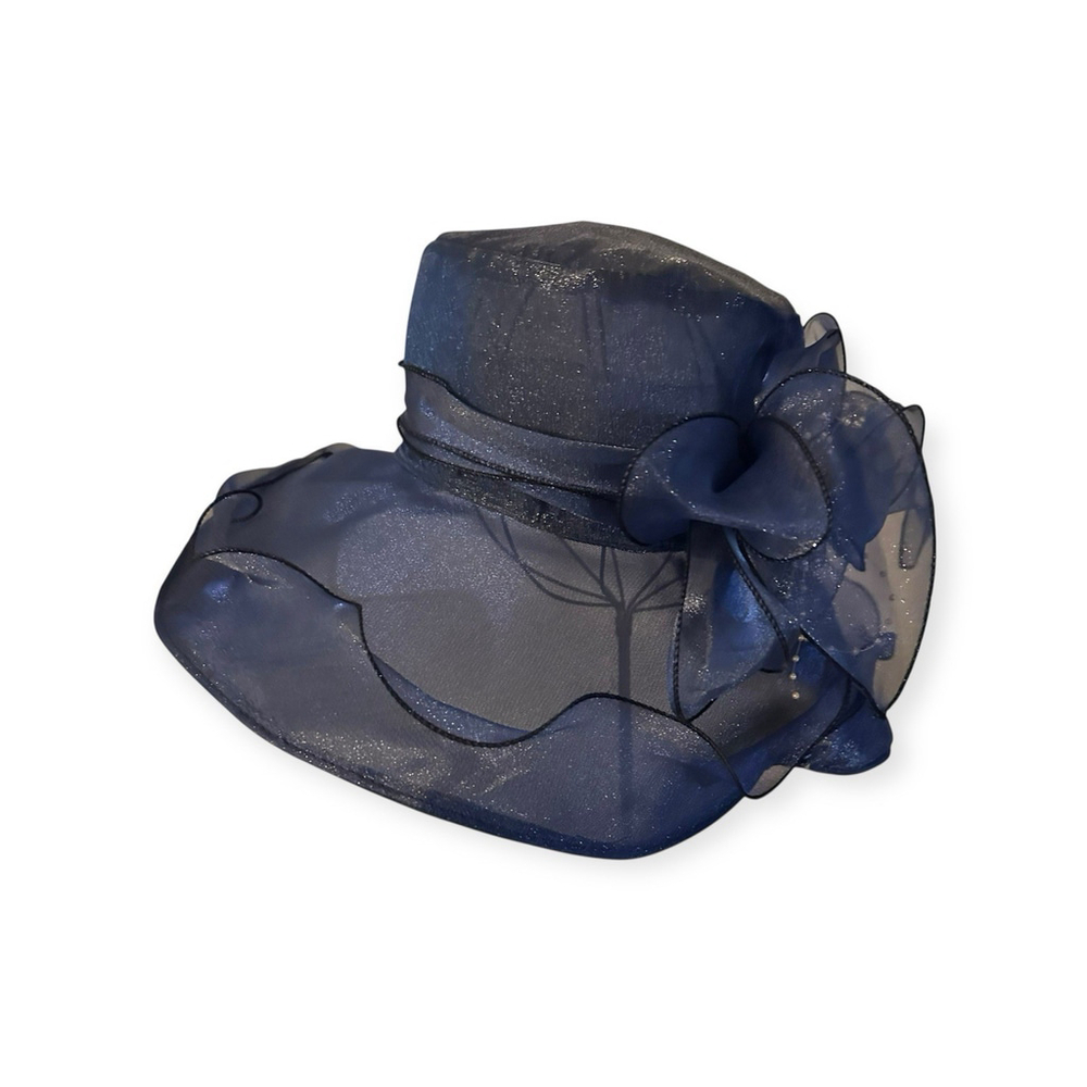 Yayilu Navy Blue Organza Church Derby Wedding Hat With Flower One Size
